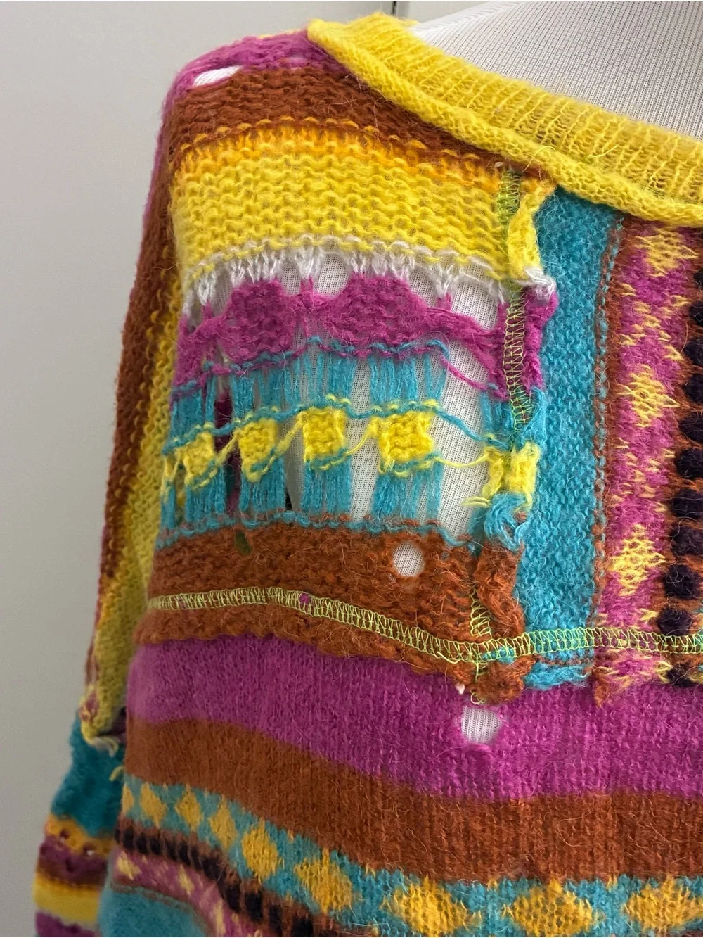 Free People Med‎ December Skies Poncho Sweater Patchwork Knit Boho Festival